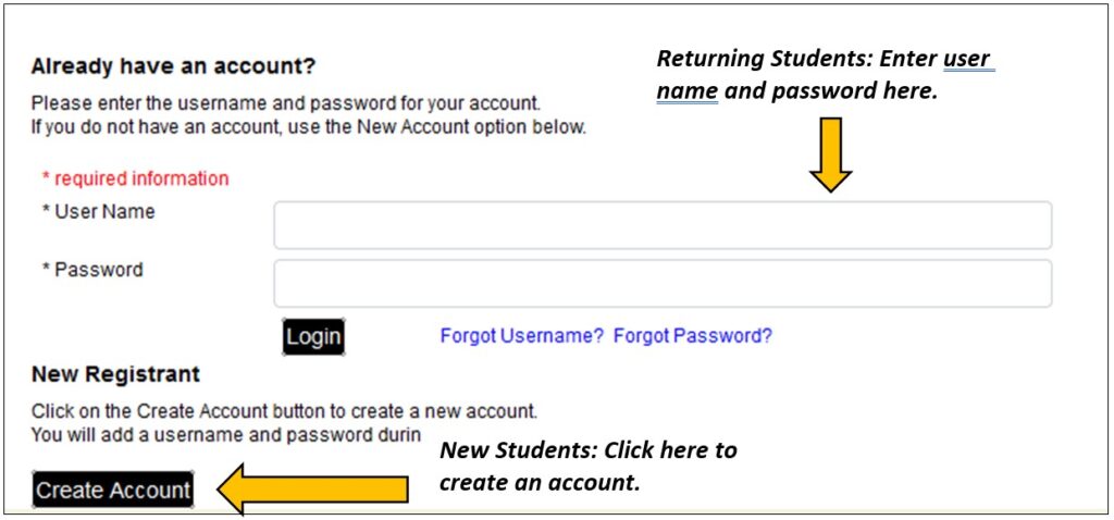 Screenshot from OCPE registration account login or create new account page