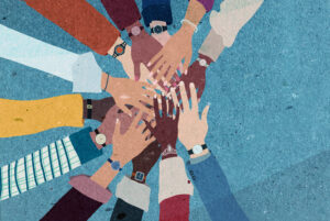 Illustration of group of arms and hands of multiethnic diverse people stacked in a circle, teamwork.