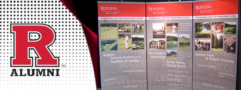 Rutgers Block R Alumni symbol next to photo of Professional Golf Turf Management School banners