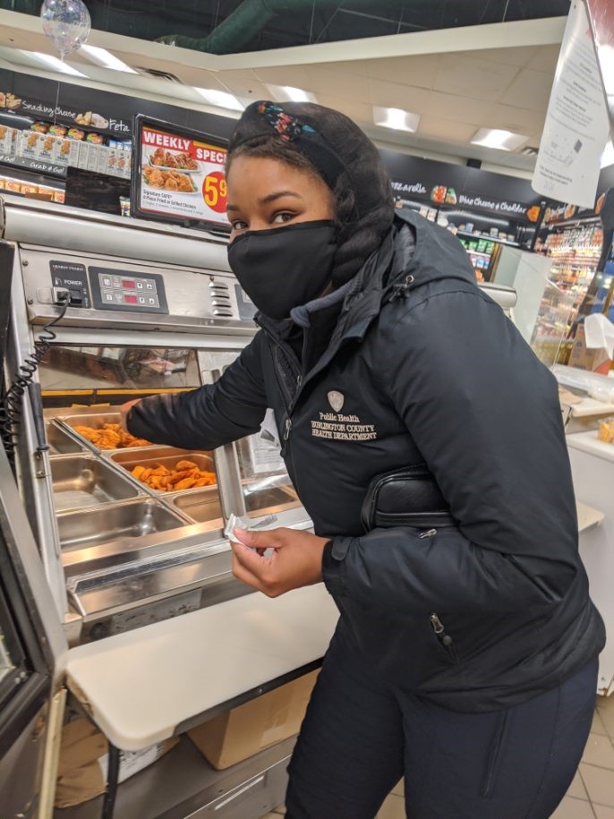 EPH Alumna Breanna Livingstone conducting a food safety inspection as part of her work as an REHS with Burlington County Health Department