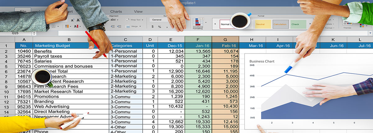 Spreadsheet overlaid with coffee cups and employees' hands pointing to pieces of data