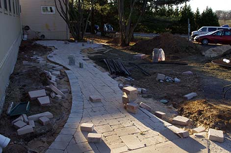 Partially completed paver walkway project