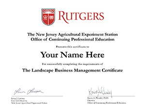 Sample certificate from Rutgers Landscape Business Management Certificate Program