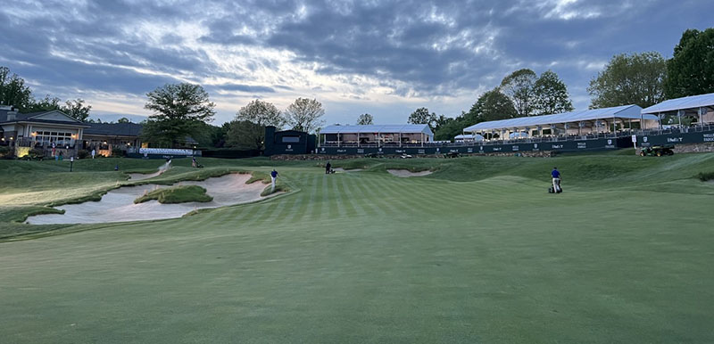 Mowing Hole 18 approach after Round 1 of the 2022 Wells Fargo Championship