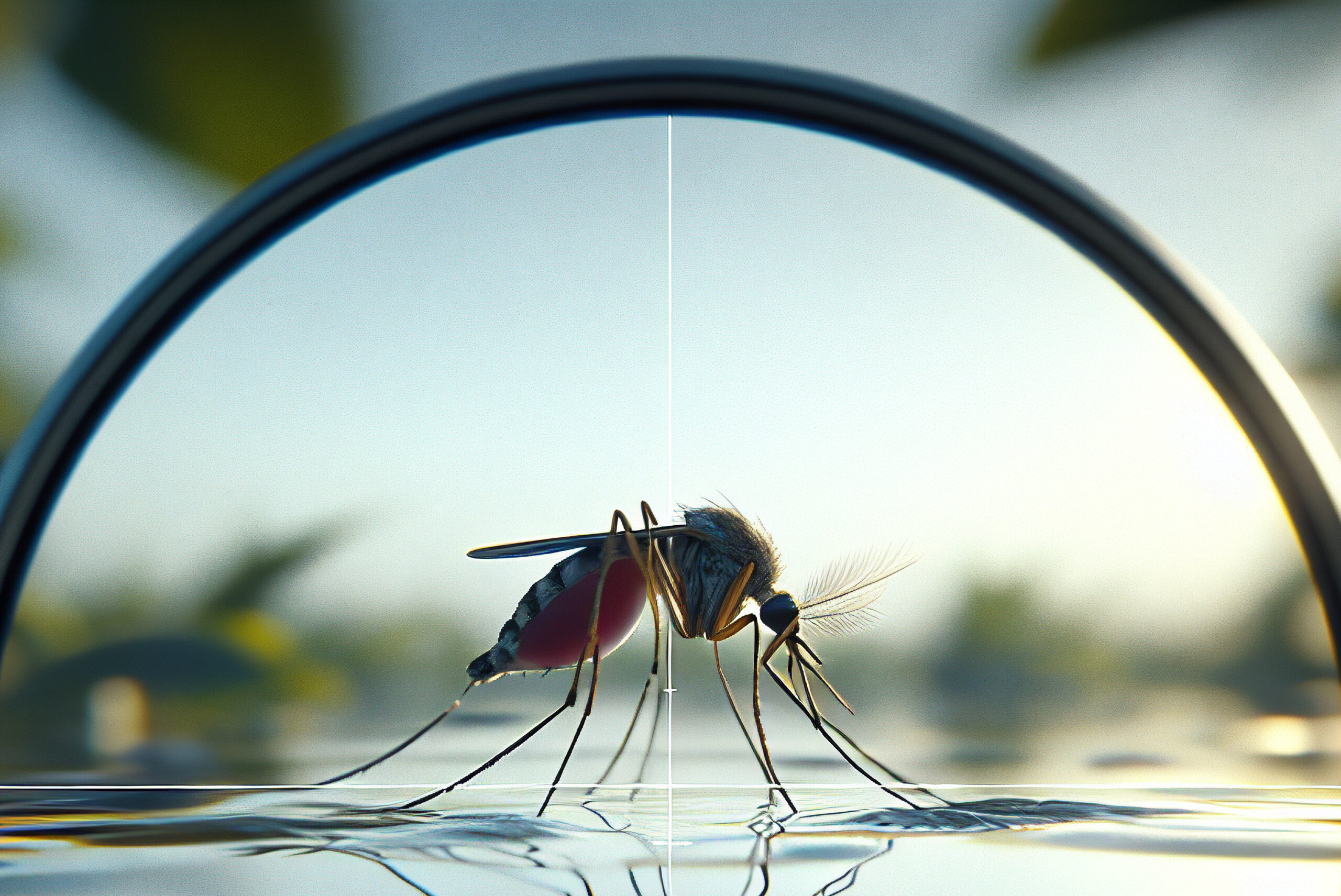 Mosquito over water, viewed from a magnifying glass.