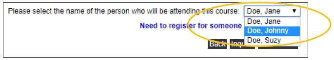 Screenshot from Rutgers Continuing Education registration system showing how to register another member from your account for a course