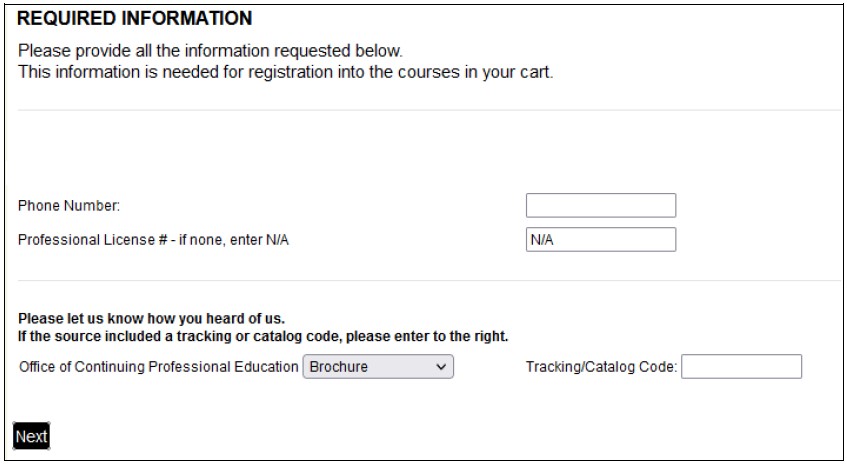 Screenshot of Required Information page in Rutgers Continuing Education registration system