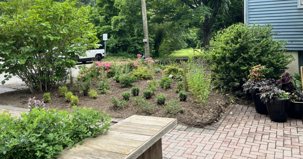 Image of garden beds, shrubs, bench, and patio outside Holly House in Rutgers Gardens