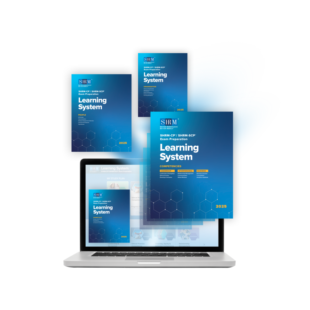 SHRM learning system image of laptop and books