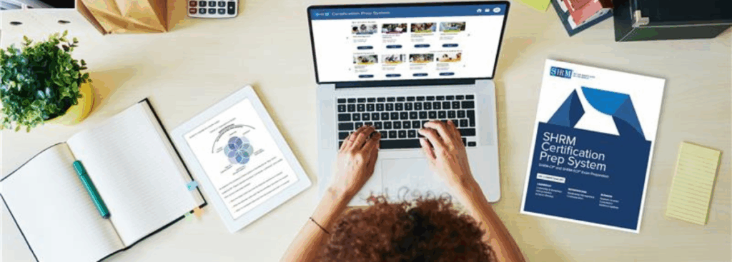 SHRM 2026 image showing student at laptop studying for SHRM exam