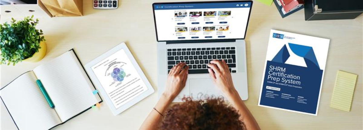 SHRM 2026 image showing student at laptop studying for SHRM exam