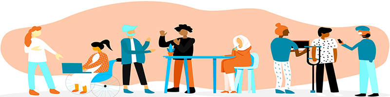 Illustration of a diversified workplace where different types of people from different cultures can be seen sharing ideas and views with each other