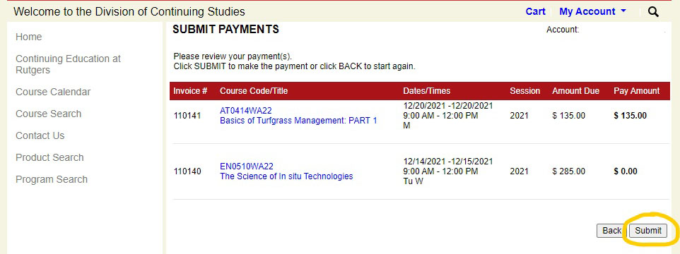 Screenshot of Submit Payments page within Rutgers Continuing Education registration system