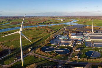 Aerial view of Wind turbines, water treatment and bio energy facility