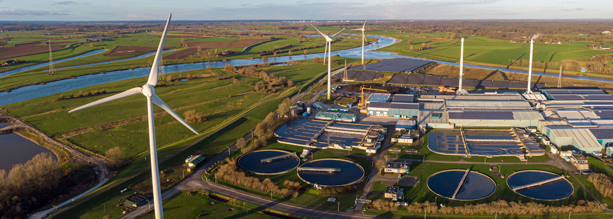 Aerial view of Wind turbines, water treatment and bio energy facility