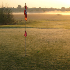 <a href="https://cpe.rutgers.edu/golf-turf" rel="noopener">Golf Turf Management</a> Golf course greens with red flag next to hole