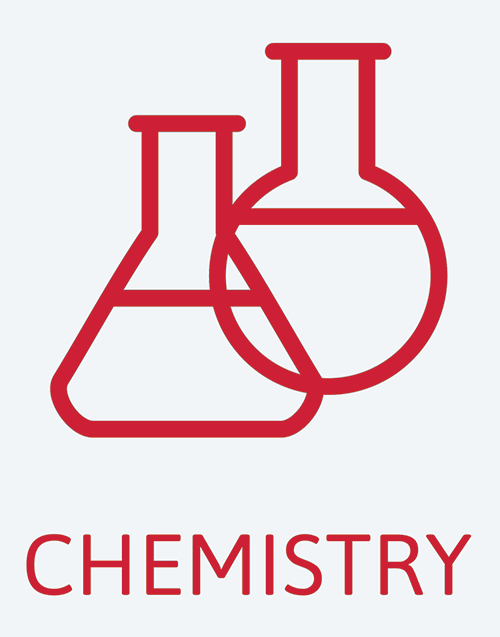 Line drawing of two laboratory beakers with the word Chemistry written beneath them