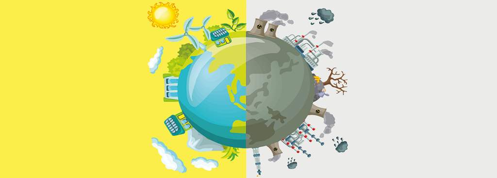 Digital illustration of the earth divided in half with one half representing pollution and the other half representing pollution prevention