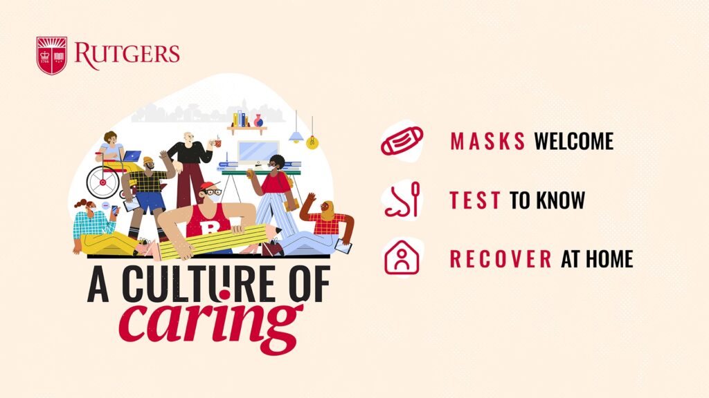 Rutgers Culture of Caring graphic stating masks welcome, test to know, recover at home