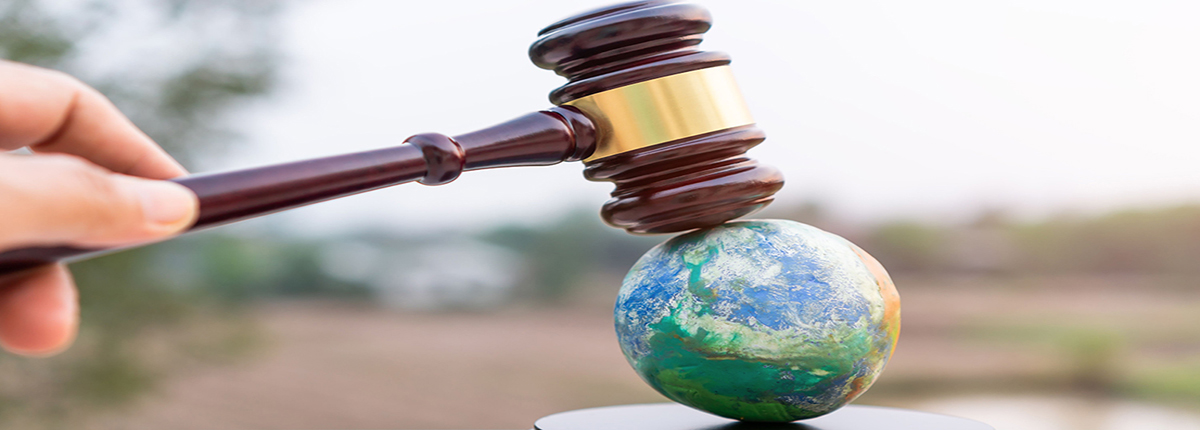 Judge's gavel coming down on small model of planet Earth representing environmental law