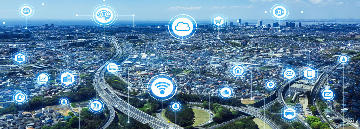 Connected web of icons representing various elements that impact community health, such as housing and transportation, overlaid on aerial view of city