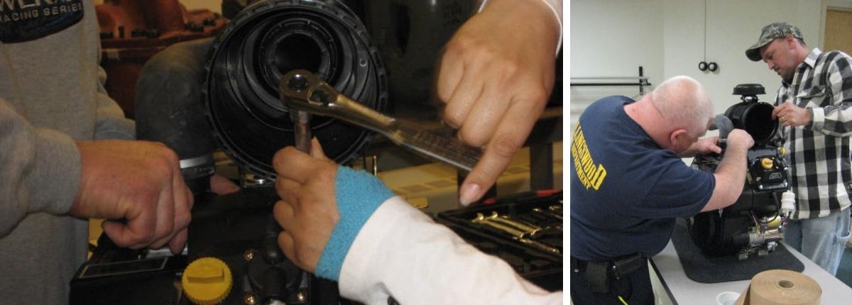 Collage of two photos depicting small engine repair work being done by Rutgers students
