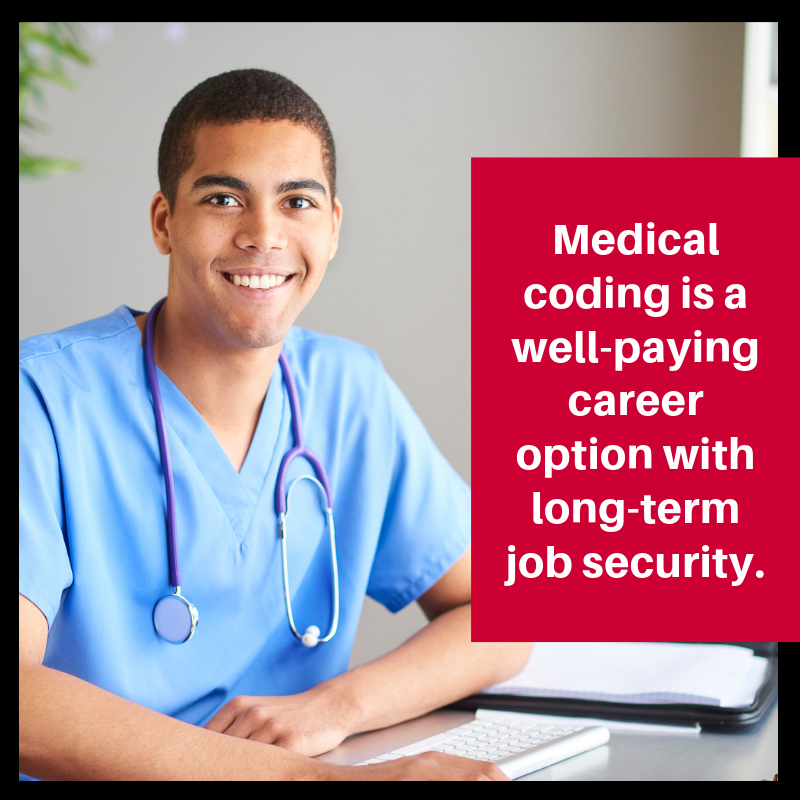 Young man wearing medical scrubs seated at desk and text stating 'Medical coding is a well-paying career option with long-term job security.'