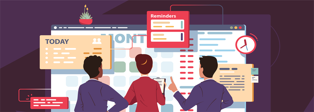 Business planning and task management concept illustration of 3 businesspeople standing in front of task list with reminders