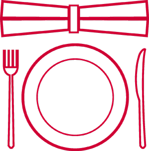 Place setting icon with napkin, plate, fork, and knife