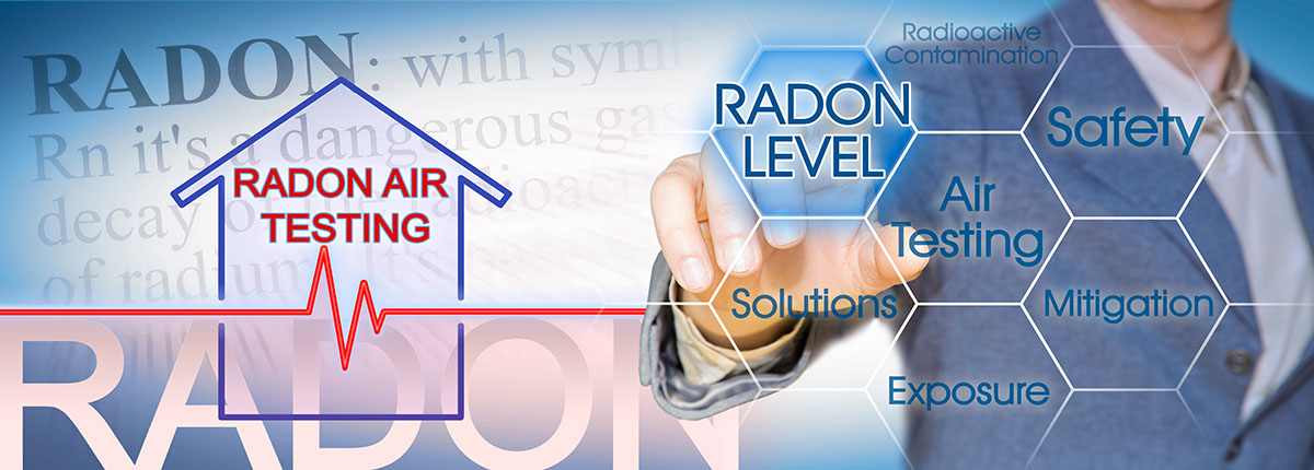Concept image representing the danger of radon gas with check-up chart about radon level testing and business manager pointing to icons against a digital display.