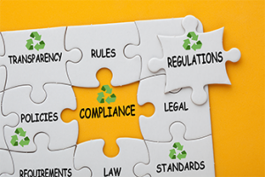 Puzzle pieces with recycling symbols on them and words such as compliance, policies, regulations, and rules