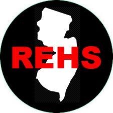black circle icon with white outline of NJ and the letters REHS