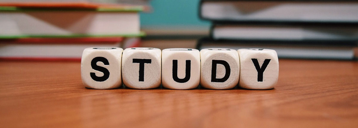 Letter blocks on desk spelling out Study with books in the background