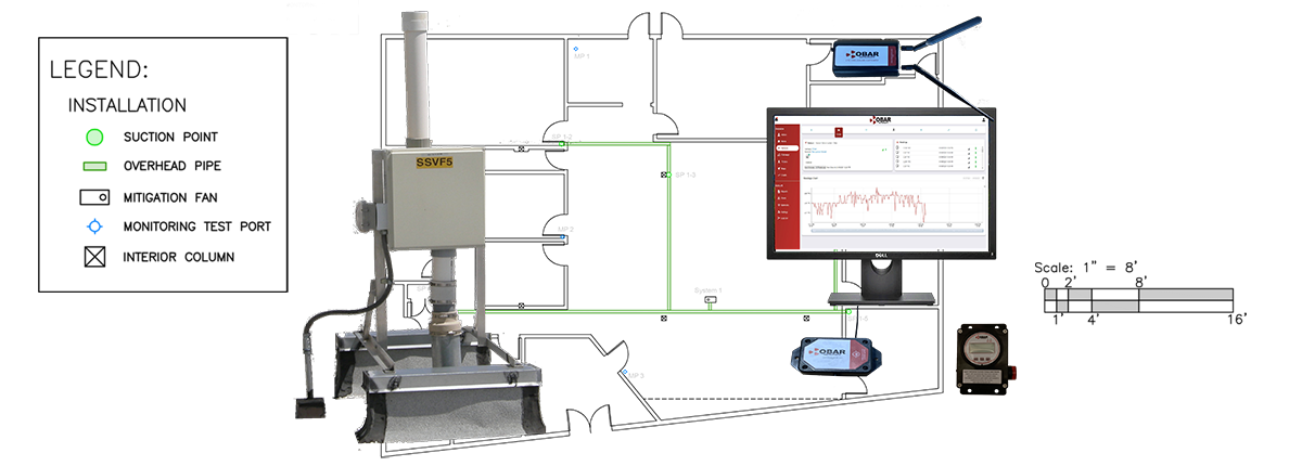 Blueprint of vapor mitigation system with computer monitoring