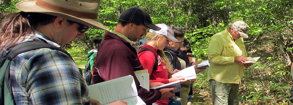 Wetland students and instructor Ralph Tiner consult their field guides to identify wetland plants